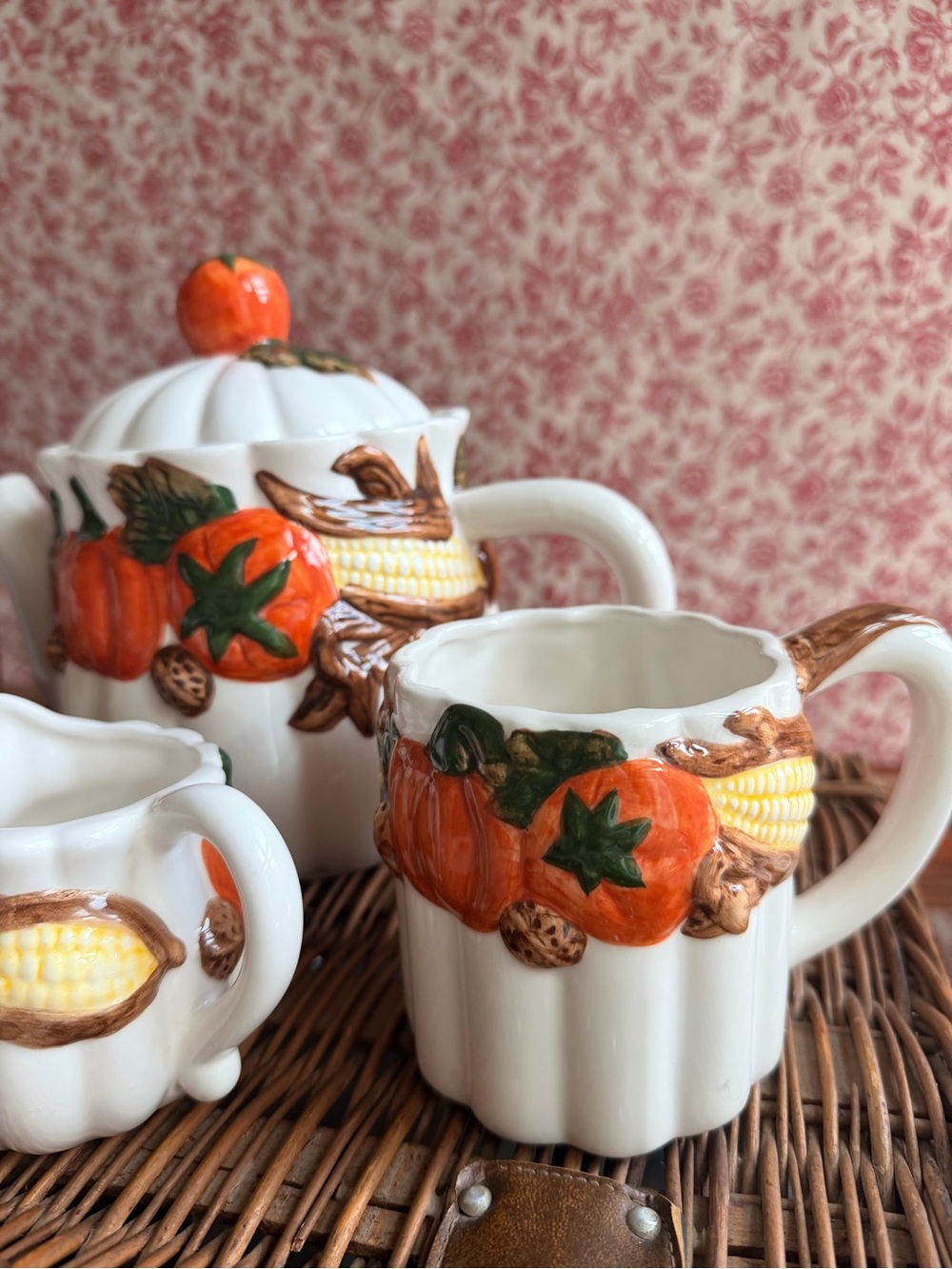 Vintage Ceramic Pumpkin Harvest Tea Set - Orange & Green - Picture 4 of 7